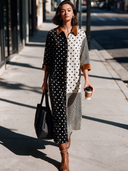 Women's American Retro Casual Velvet Maxi Dress With Collar, Polka-Dot And Vertical Stripe Paneling ZMZ2123I9ZYY