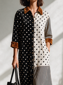 Women's American Retro Casual Velvet Maxi Dress With Collar, Polka-Dot And Vertical Stripe Paneling ZMZ2123I9ZYY