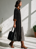 Women's American Retro Casual Velvet Maxi Dress With Collar, Polka-Dot And Vertical Stripe Paneling ZMZ2123I9ZYY