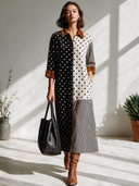 Women's American Retro Casual Velvet Maxi Dress With Collar, Polka-Dot And Vertical Stripe Paneling ZMZ2123I9ZYY
