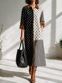 Women's American Retro Casual Velvet Maxi Dress With Collar, Polka-Dot And Vertical Stripe Paneling ZMZ2123I9ZYY