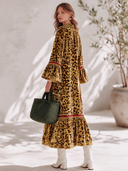Women's Retro American-Style Casual Velvet Maxi Dress With Stand Collar, Flared Sleeves, And Leopard Print ZMZ2165I9ZYY