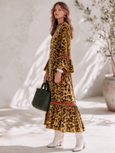 Women's Retro American-Style Casual Velvet Maxi Dress With Stand Collar, Flared Sleeves, And Leopard Print ZMZ2165I9ZYY