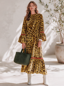 Women's Retro American-Style Casual Velvet Maxi Dress With Stand Collar, Flared Sleeves, And Leopard Print ZMZ2165I9ZYY