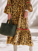 Women's Retro American-Style Casual Velvet Maxi Dress With Stand Collar, Flared Sleeves, And Leopard Print ZMZ2165I9ZYY