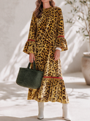 Women's Retro American-Style Casual Velvet Maxi Dress With Stand Collar, Flared Sleeves, And Leopard Print ZMZ2165I9ZYY