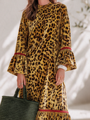 Women's Retro American-Style Casual Velvet Maxi Dress With Stand Collar, Flared Sleeves, And Leopard Print ZMZ2165I9ZYY