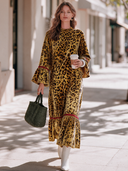 Women's Retro American-Style Casual Velvet Maxi Dress With Stand Collar, Flared Sleeves, And Leopard Print ZMZ2165I9ZYY