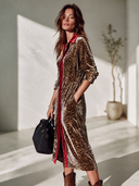 Women's Retro-American Style Casual Long-Sleeve Leopard Print Velvet Midi Dress With Shirt Collar ZMZ2131I6ZYY
