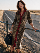 Women's Retro-American Style Casual Long-Sleeve Leopard Print Velvet Midi Dress With Shirt Collar ZMZ2131I6ZYY