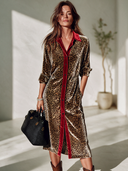 Women's Retro-American Style Casual Long-Sleeve Leopard Print Velvet Midi Dress With Shirt Collar ZMZ2131I6ZYY