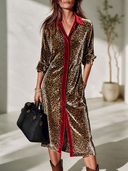 Women's Retro-American Style Casual Long-Sleeve Leopard Print Velvet Midi Dress With Shirt Collar ZMZ2131I6ZYY