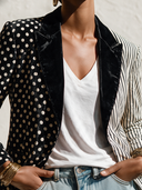 Women's Classic Vintage Velvet Single-Breasted Blazer With Polka-Dot And Vertical Stripe Paneling ZMZ2194I0ZYY