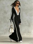 Women's Urban Color-Block V-Neck Zip-Front Knit Maxi Dress ZMZ2039I9XT