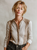 Women's Retro Casual Faux Suede Patchwork Long-Sleeved Shirt ZMZ2182I0XT