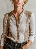 Women's Retro Casual Faux Suede Patchwork Long-Sleeved Shirt ZMZ2182I0XT