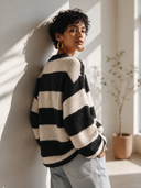 Women's Classic Casual Black and White Horizontal Stripe Knit Cardigan ZMZ2174I4ZYY