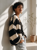 Women's Classic Casual Black and White Horizontal Stripe Knit Cardigan ZMZ2174I4ZYY