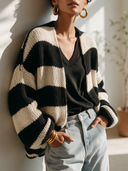 Women's Classic Casual Black and White Horizontal Stripe Knit Cardigan ZMZ2174I4ZYY