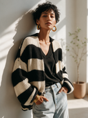 Women's Classic Casual Black and White Horizontal Stripe Knit Cardigan ZMZ2174I4ZYY