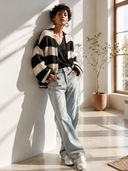 Women's Classic Casual Black and White Horizontal Stripe Knit Cardigan ZMZ2174I4ZYY