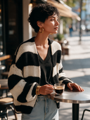 Women's Classic Casual Black and White Horizontal Stripe Knit Cardigan ZMZ2174I4ZYY