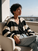 Women's Classic Casual Black and White Horizontal Stripe Knit Cardigan ZMZ2174I4ZYY
