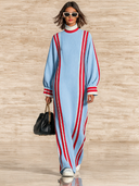 Women's Resort-Style Striped Long-Sleeve Maxi Dress With Mock Neck ZMZ2049I3XT