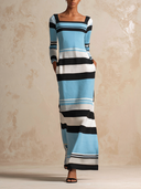 Women's French-style Casual Striped Long-sleeve Knit Maxi Dress ZMZ2026I8XT