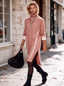 Women's Fashionable High-Neck Pink Knit Slit Long-Sleeve Knee-Length Dress ZMZ2159I6SWL
