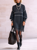 Women's Premium Dark Gray Turtleneck Knit Long-sleeved Dress With Lace Trim ZMZ2205I7SWL