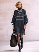 Women's Premium Dark Gray Turtleneck Knit Long-sleeved Dress With Lace Trim ZMZ2205I7SWL