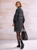 Women's Premium Dark Gray Turtleneck Knit Long-sleeved Dress With Lace Trim ZMZ2205I7SWL