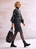 Women's Premium Dark Gray Turtleneck Knit Long-sleeved Dress With Lace Trim ZMZ2205I7SWL