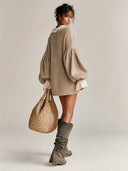Women's Loose-fitting Lace-trimmed V-neck Lantern Sleeve Sweater Mini Dress ZMZ2283I4XT
