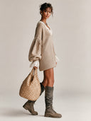 Women's Loose-fitting Lace-trimmed V-neck Lantern Sleeve Sweater Mini Dress ZMZ2283I4XT