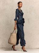 Women's Cotton And Linen Solid Color Floral Embellished Top And Trousers Set ZMZ2208I5XT