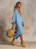 Women's Resort Loose V-neck Striped Trim Knit Midi Dress ZMZ2262I7XT