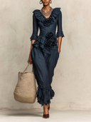 Women's Cotton And Linen Solid Color Floral Embellished Top And Trousers Set ZMZ2208I5XT