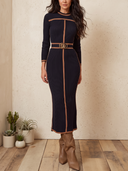 Women's Contrast Trim Ribbed Knit Belted Midi Sweater Dress ZMZ2352I2YZH
