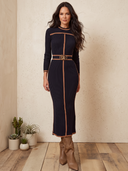 Women's Contrast Trim Ribbed Knit Belted Midi Sweater Dress ZMZ2352I2YZH