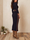 Women's Contrast Trim Ribbed Knit Belted Midi Sweater Dress ZMZ2352I2YZH