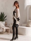 Women's Casual Off-shoulder Star Print Openwork Knit Loose Sweater ZMZ2334I6XT