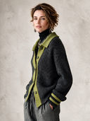 Women's Classic Dark Grey Color-Block Button-Front Knit Cardigan ZMZ2223I6SWL