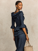Women's Cotton Linen Solid Color V-neck Ruffled Floral Blouse ZMZ2237I0XT