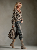 Women's Casual Loose Leopard Print Half-zip Hooded Knit Sweatshirt ZMZ2213I7XT