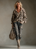 Women's Casual Loose Leopard Print Half-zip Hooded Knit Sweatshirt ZMZ2213I7XT