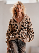 Women's Casual Loose Leopard Print Half-zip Hooded Knit Sweatshirt ZMZ2213I7XT