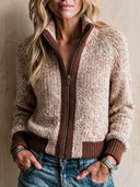 Women's Retro Casual Cotton Yarn Knit Color Block Zipper Stand Collar Cardigan ZMZ2448I5ZJY