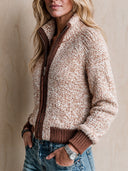 Women's Retro Casual Cotton Yarn Knit Color Block Zipper Stand Collar Cardigan ZMZ2448I5ZJY